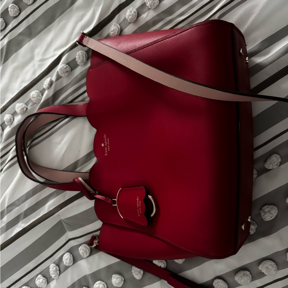 Kate Spade Red Scallop Shoulder Bag with pink trim